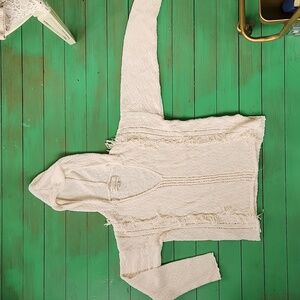 Cream Hooded V-Neck Sweater Textured Knit Vintage HAVANA Size S